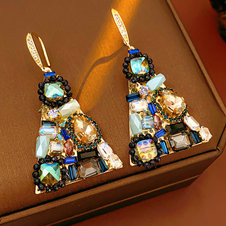 Elegant Triangular Zircon Hoop Earrings Versatile Fashionable Retro Ethnic Style Women's Jewelry Geometric Pattern Durable