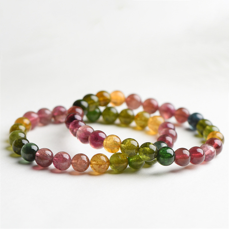 Natural Rainbow Tourmaline Bracelet Brazilian Old Mine Material Gradient Color Handmade Beads Jewelry Unisex Geometric Pattern