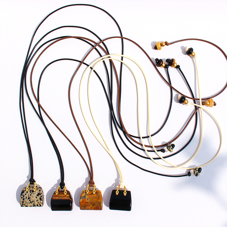 Natural Spotted Tiger Eye Stone Pendant Leather Rope Casual Long Necklace Adjustable Self-tying Sweater Chain Fashionable Ladies Holiday Style Accessories