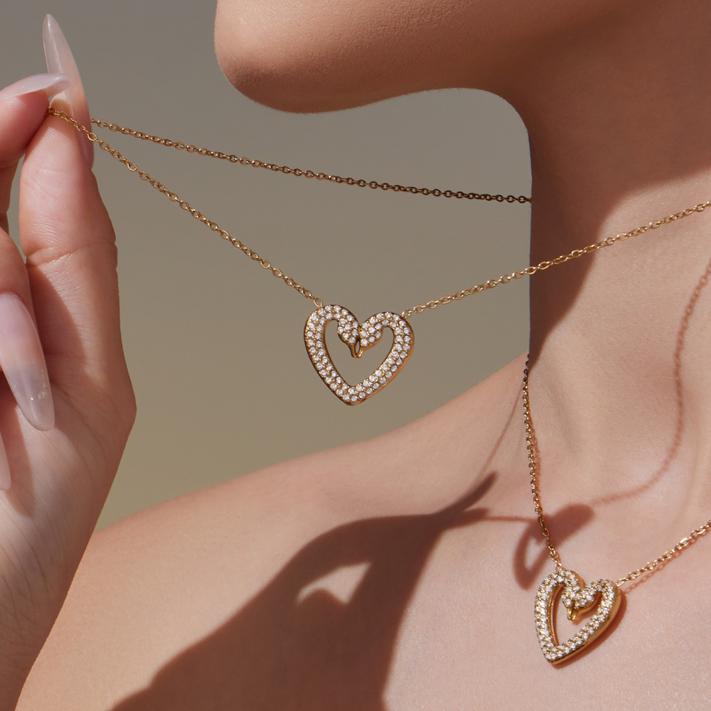 Women's 304 Stainless Steel Handmade Chain Vacuum Electroplating (In Furnace) 18K Gold Plated Geometric Pattern Zircon Full Diamond Double Swan Earrings Ring Bracelet Necklace Heart Full Diamond Jewelry Set Accessories