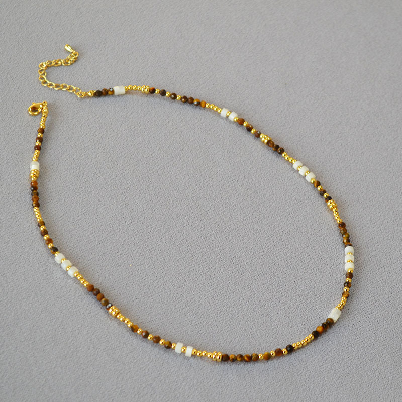 French Vintage Design Shell Beads Tiger Eye Stones Necklace Collarbone Chain Women Simple Elegance Jewelry Accessories