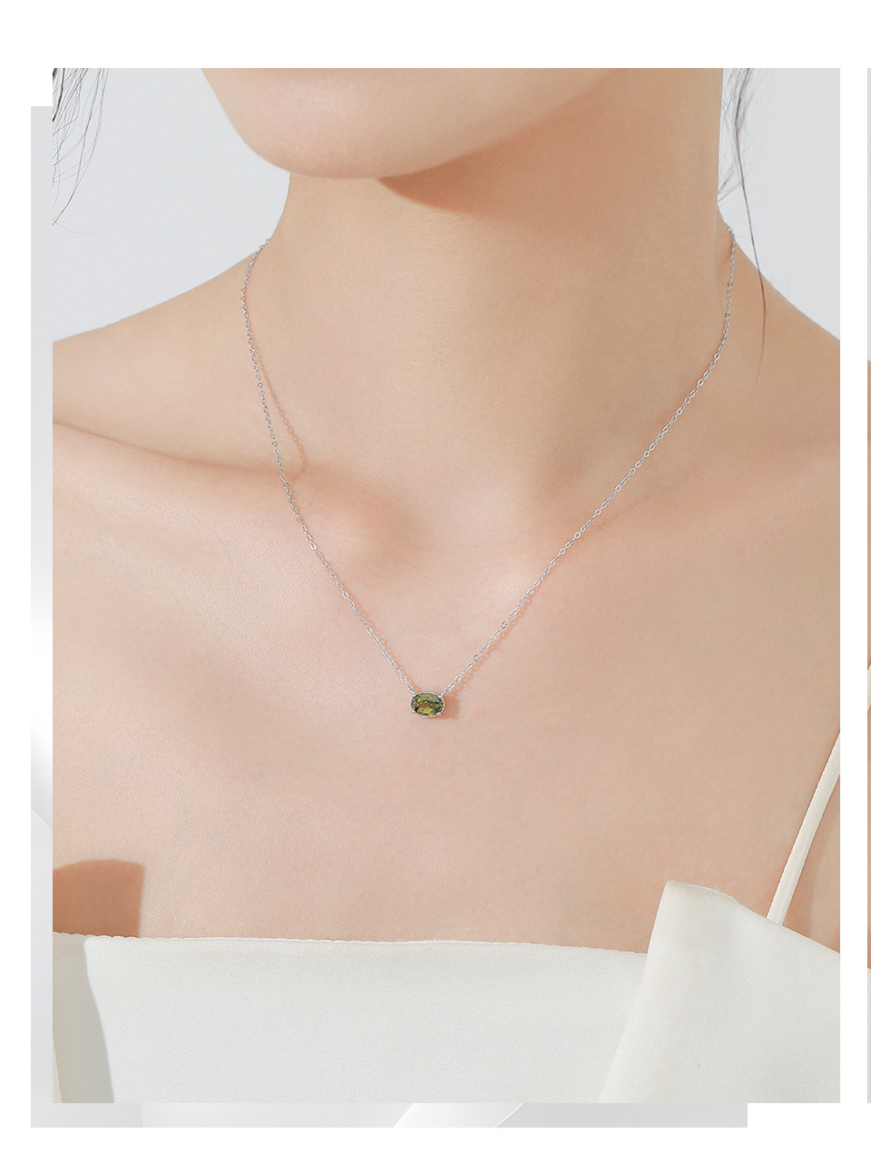 S925 Sterling Silver  Fresh Olive Green Oval Ring Necklace Women's High-Grade  Colored Gems Jewelry Suit