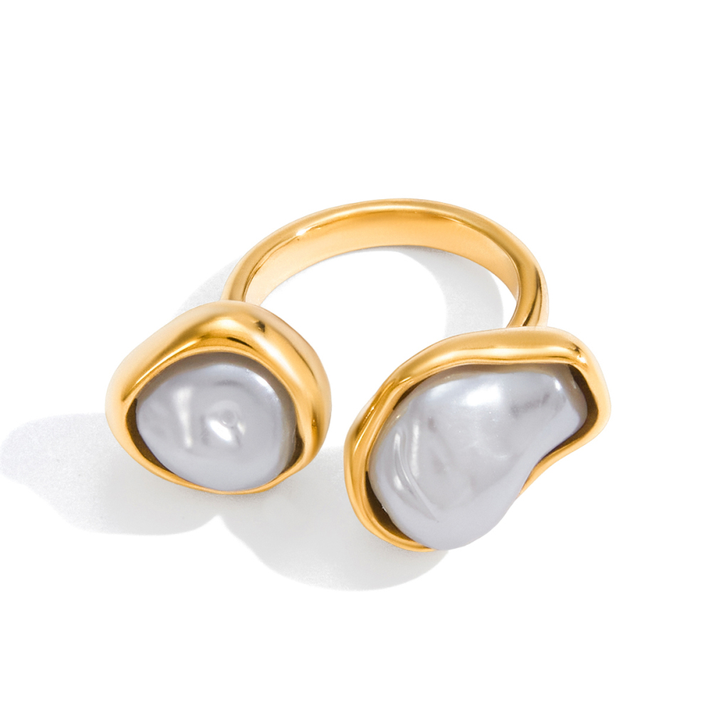304 Stainless Steel Resin Pearl Asymmetrical PVD Coated Pearl 18K Real Gold Plated Rings