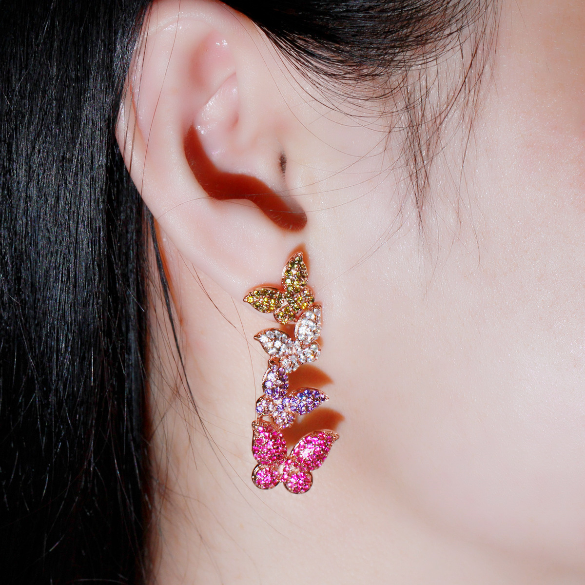 Copper Butterfly Electroplating Zircon Rhodium Plated Elegant Classic Style Plating Inlay Drop Earrings