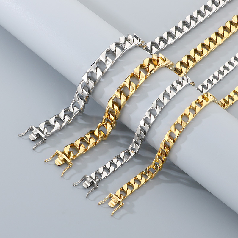 Trendy Titanium Steel Cuban Link Necklace Men's Simple Stainless Steel Jewelry Fashionable Geometric Pattern Vacuum Plated 18K Gold