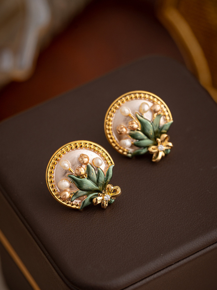 Baroque Pearl Flower Earrings Women Monet Garden Enamel Drip Glaze New Chinese Style Retro Drop Earrings Jewelry Accessories