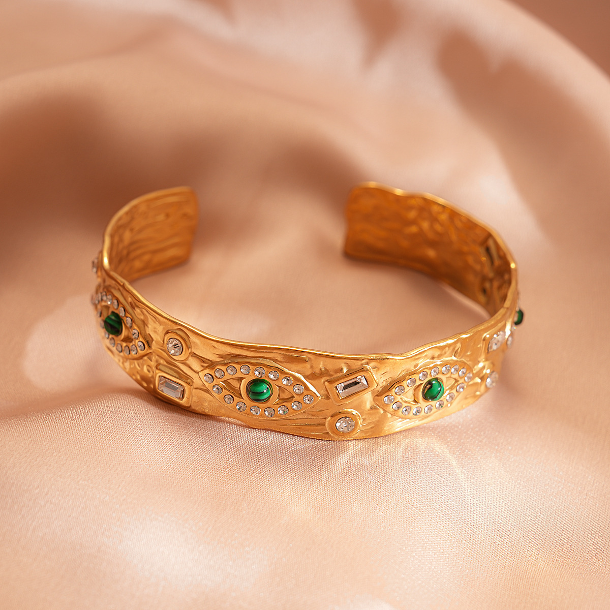 Graceful Turquoise Eye-shaped Open Ring Bracelet For Women Vintage Court Style Geometric Pattern 304 Stainless Steel Inlaid Diamond Hand Jewelry