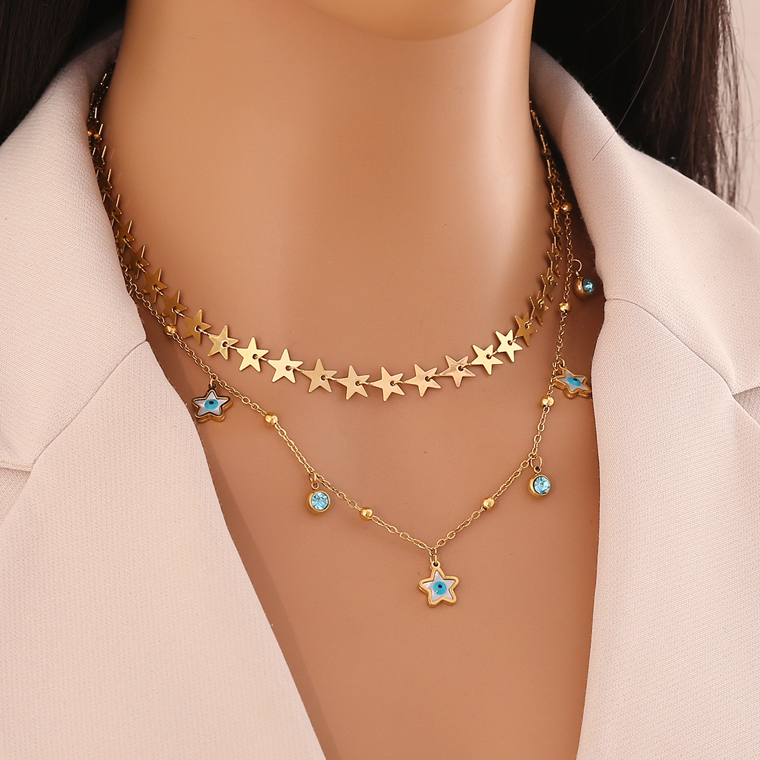 Ion Plating (IP) Real Gold Plated Devil's Eye Star 304 Stainless Steel Elegant Classic Style Waterproof Non Tarnish 304 Stainless Steel Double Layer Necklaces