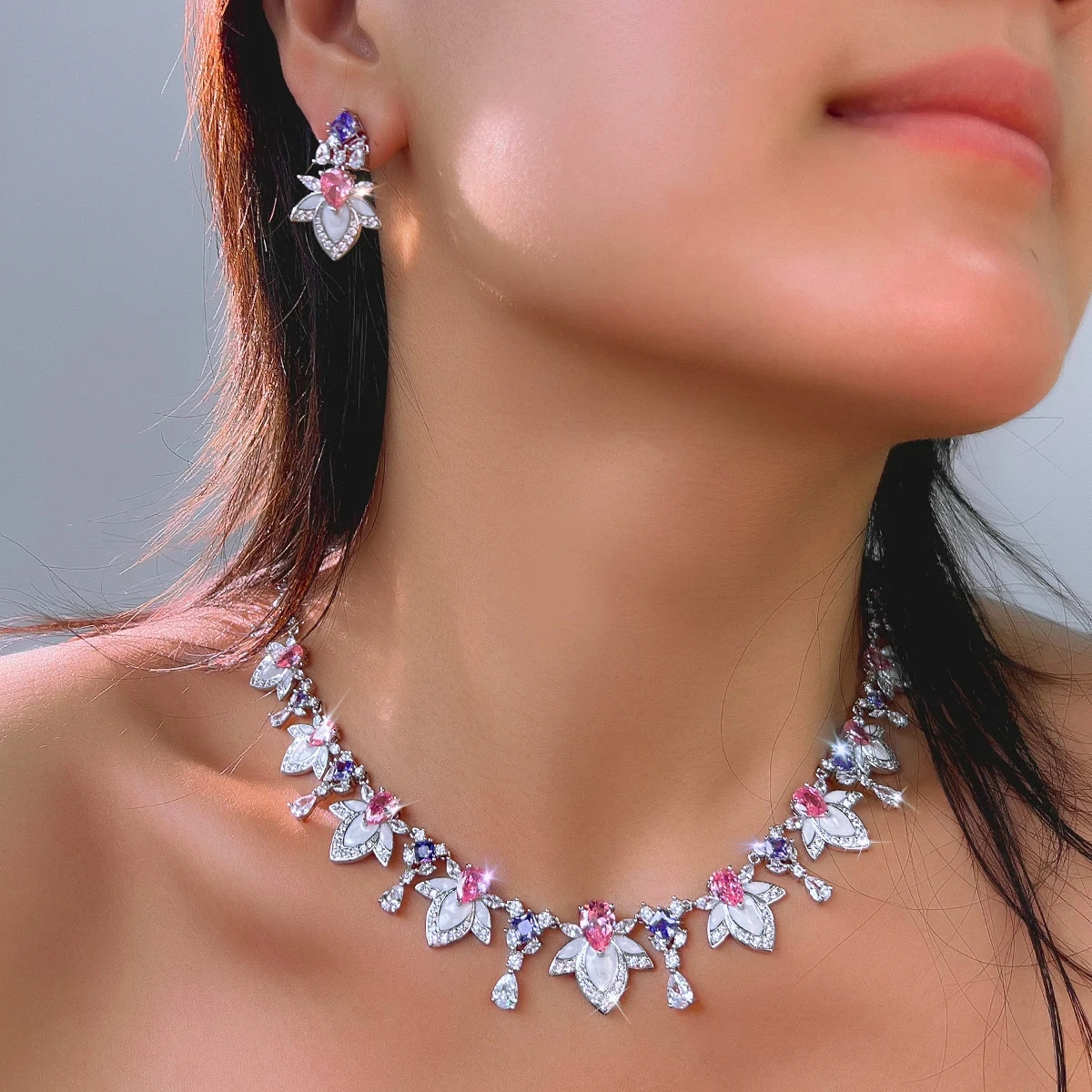 Copper Jewelry Two-Piece Set Luxurious Elegant Colorful Cubic Zirconia Enamel Floral Necklace Earring Set Suitable For Women's Weddings And Parties