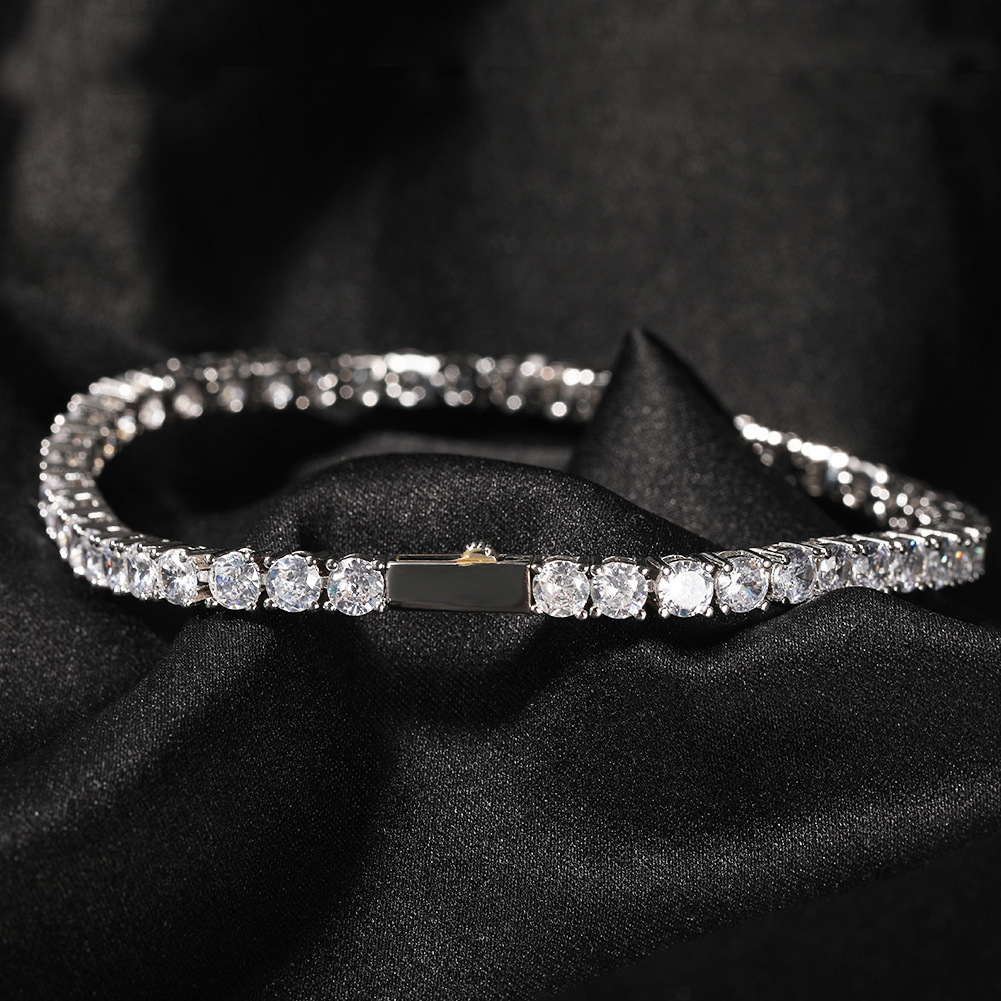 Classic Hip-Hop Single Row Bracelet 4mm Copper Inlaid Zirconia Gold-Plated Geometric Pattern Spring Clasp Fashion Simple Inlaid Diamond Bracelet Unisex