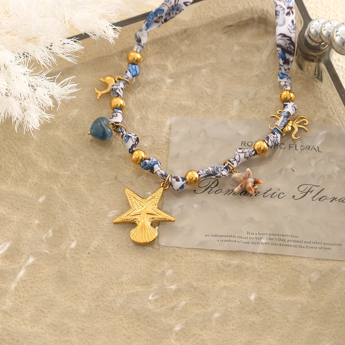 Luxury Stainless Steel Starfish Flower Pendant Necklace Woven Silk Scarf Necklace Ladies Geometric Pattern Jewelry Accessories