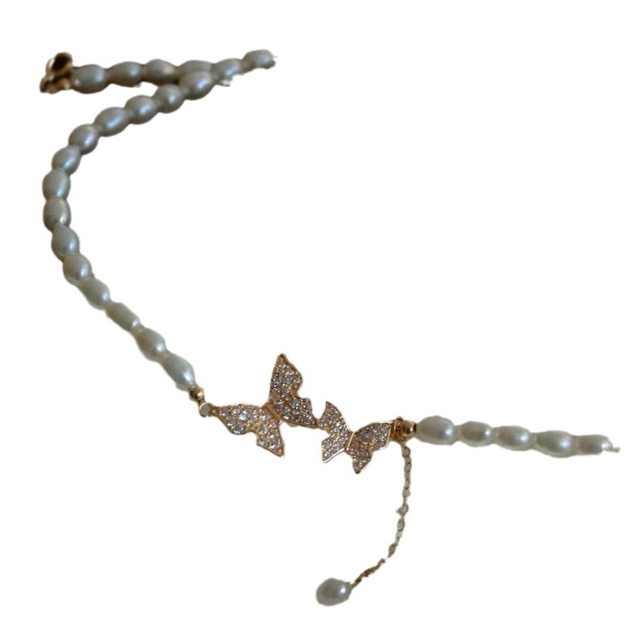 High-Quality Freshwater Pearl Choker Necklace With Natural Strong Light Double Butterfly Tassel Pendant Fashionable Women's Jewelry