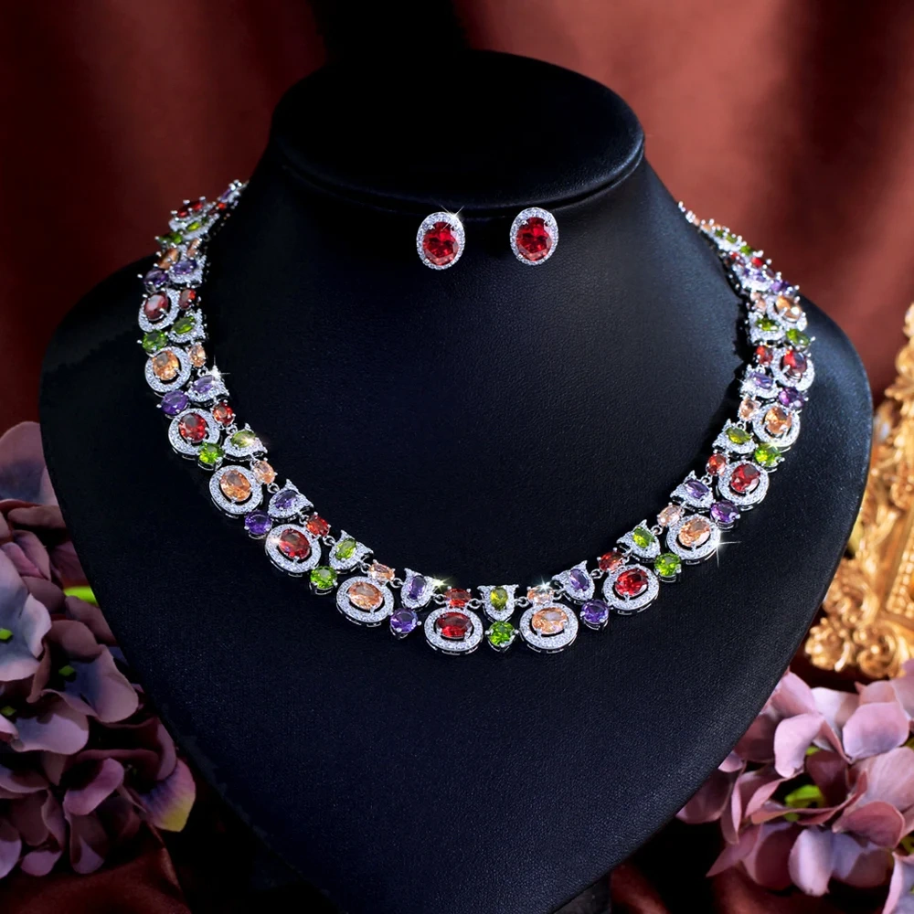Copper Jewelry Two-Piece Set Luxurious Geometric Multicolor Cubic Zirconia Earrings Necklace Set For Women Bohemian Party Wedding Costume Jewelry