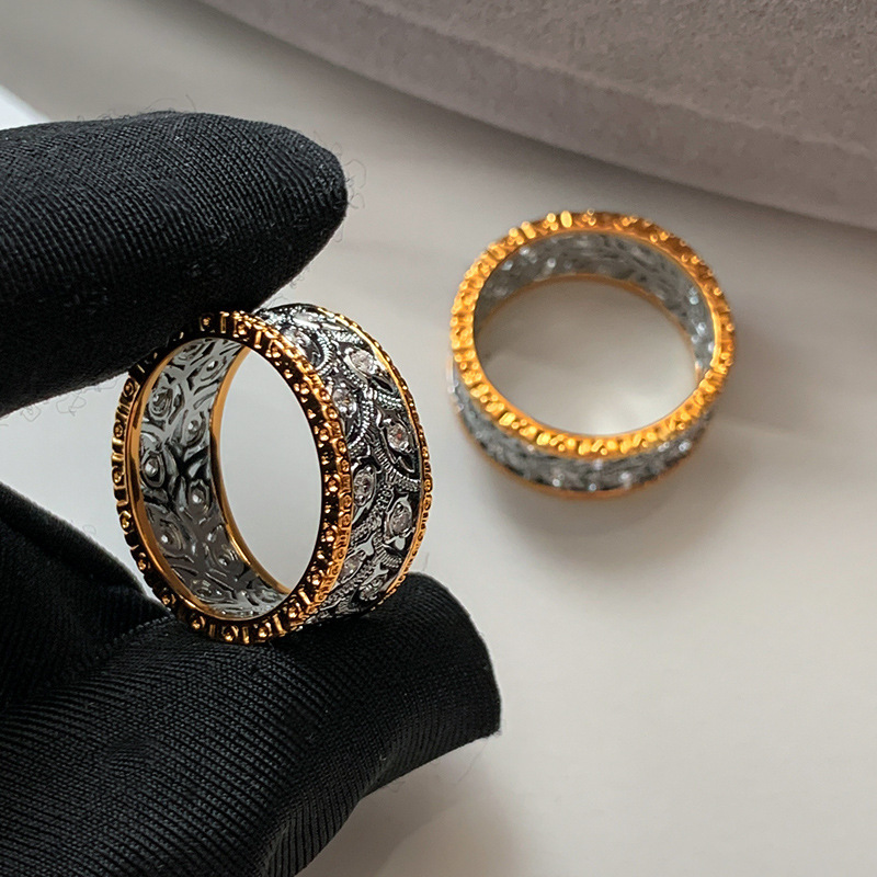 New Chinese Style Tang Pattern Grass Ring Women's Luxury Sensation Diamond Embedded Index Finger Ring French Vintage Band