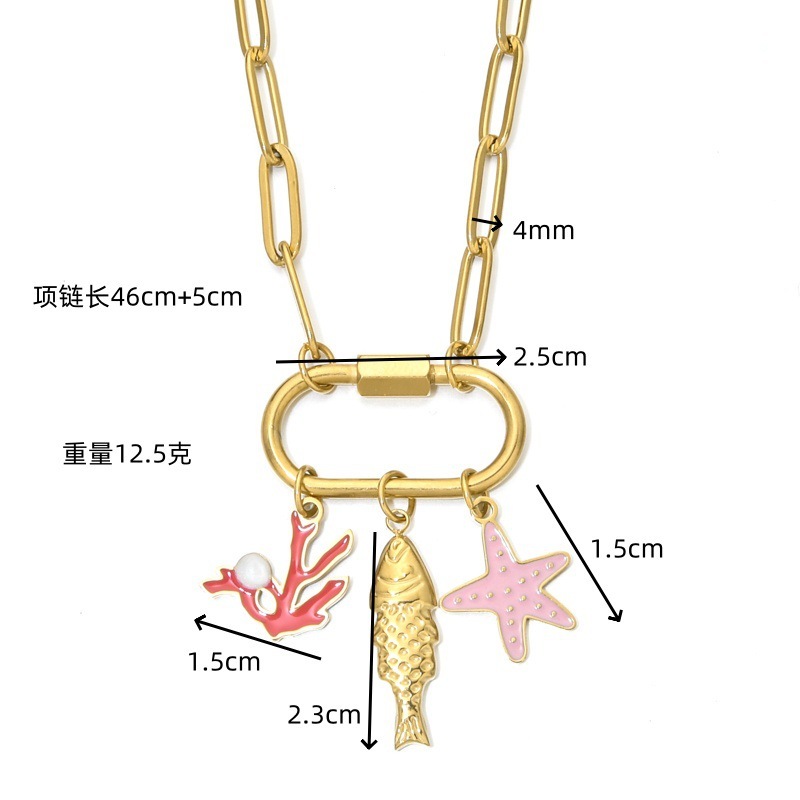 Stainless Steel Pendant Necklace DIY Fish Starfish Ocean Theme Accessories Climbing Buckle Clavicle Chain Jewelry For Women