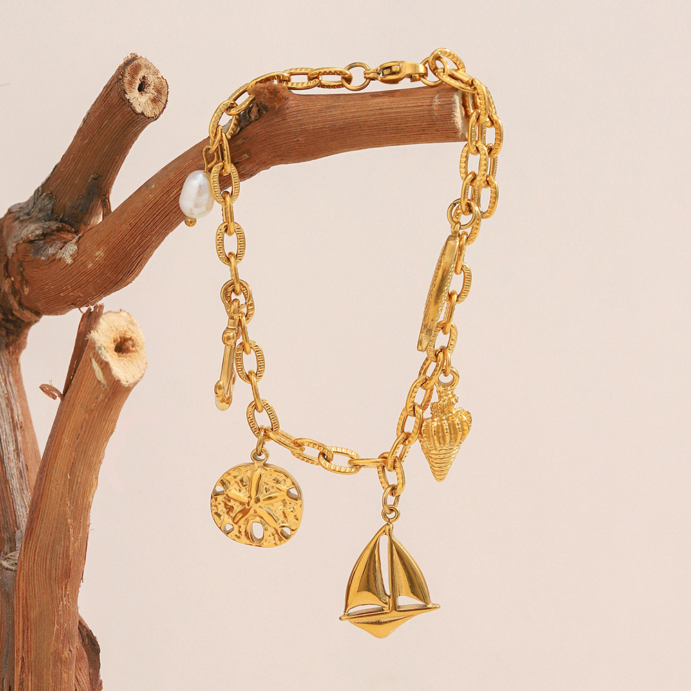 Summer Ocean Vacation Style Stainless Steel 18K Gold Plated Pendant Bracelet Fashionable Geometric Pattern Women's Jewelry