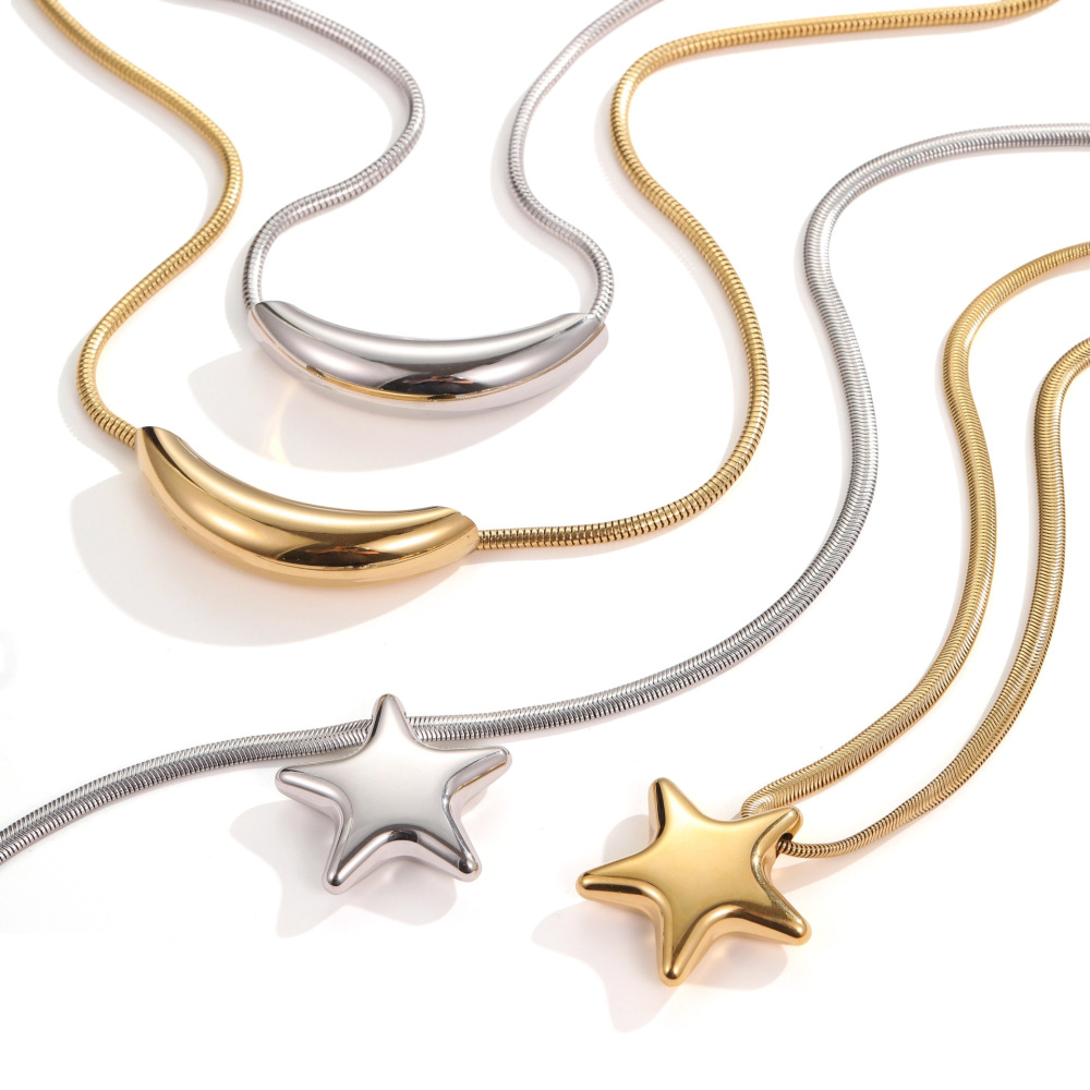 Fashionable Exaggerated Star Geometric Pendant Stainless Steel Necklace Plated 18K Real Gold Round Snake Chain Luxury Jewelry