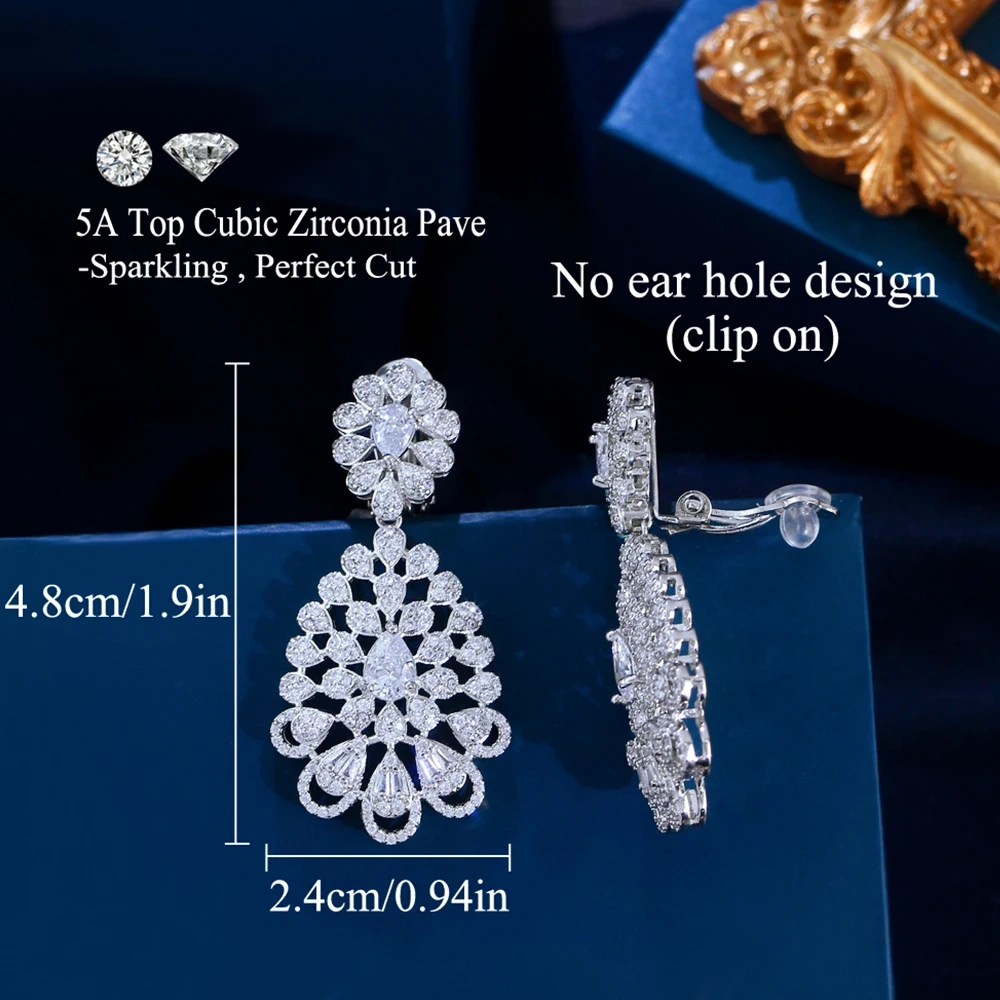 Fashion White Cubic Zirconia Clip-On Earrings Suitable For Wedding Party Bride Long Dangling Non-Pierced Earrings For Women