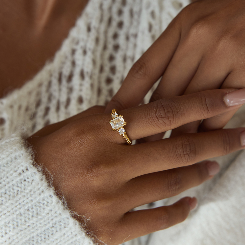 Women's Classic Style 18K Gold Stainless Steel + Zircon White Water Drop Zircon Ring Size 7