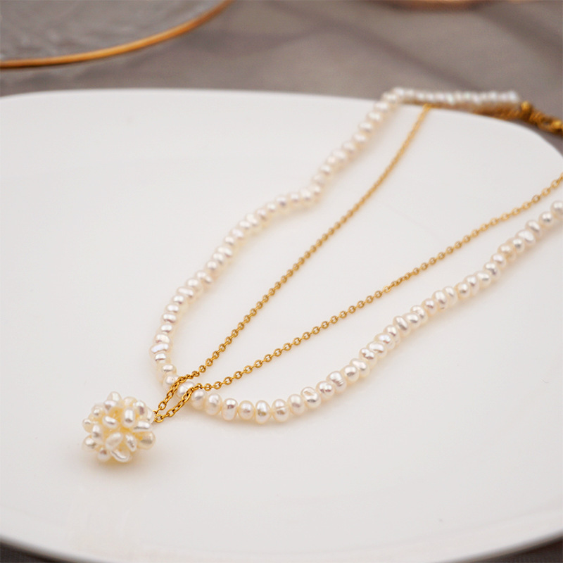 Two-layer Freshwater Pearl Necklace Simple Pearl Ball Collarbone Chain Vintage Accessories Geometric Wedding Jewelry Suitable For Women