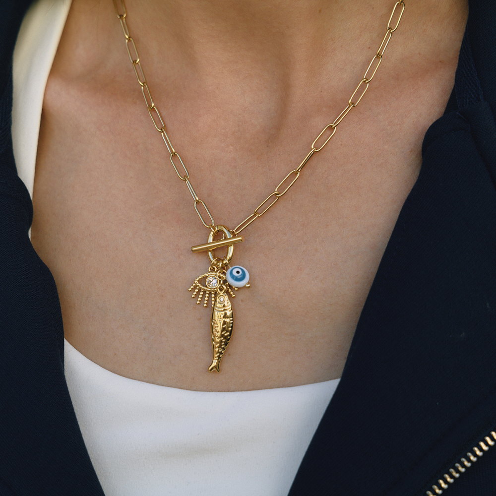 Women's Classic Style 18K Gold Stainless Steel + Resin + Rhinestone Devil's Eye With White Rhinestone + Fish With White Diamond + Resin Devil's Eye Pendant OT Clasp Necklace 45CM