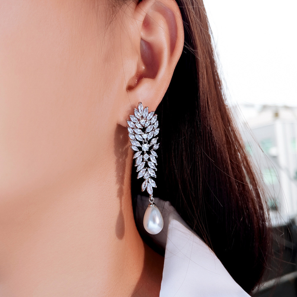 Elegant Long Pearl Drop Earrings With Sparkling Zircon Copper Design Wedding Party Date Festival Fashion Jewelry Accessories