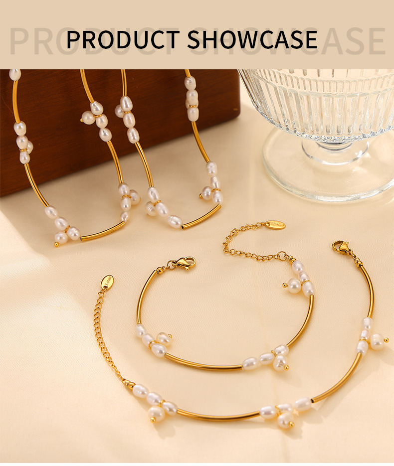 Hepburn Titanium Steel Pearl Bead Geometric Design Jewelry Set Simple Women's Accessories Jewelry