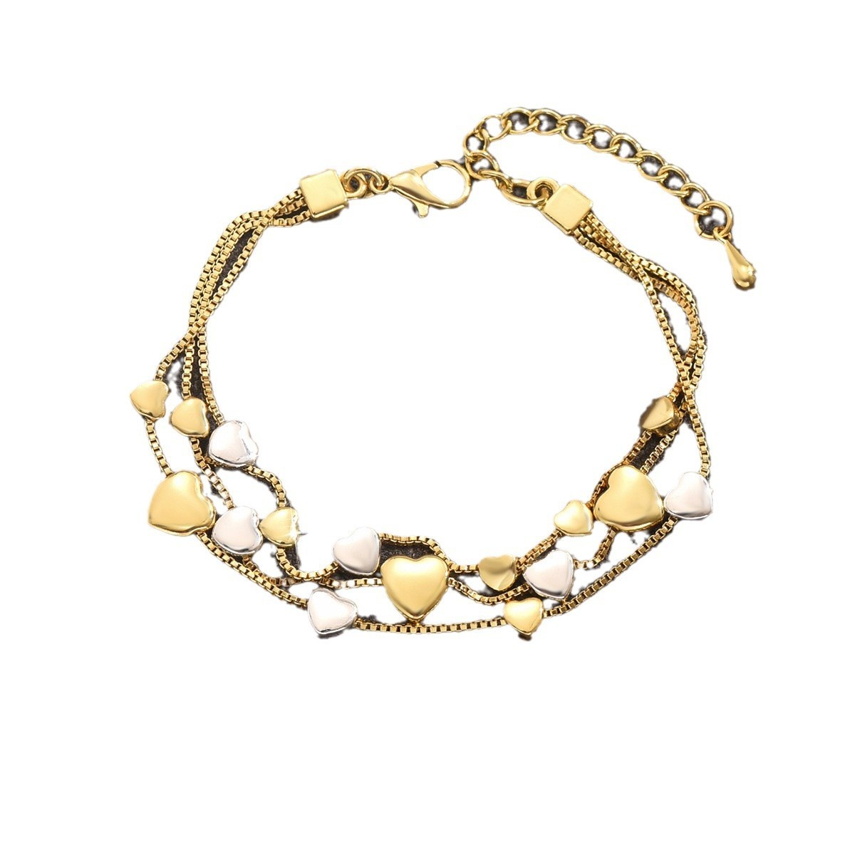 Multi-Layer Geometric Heart Shaped Women's Fashion Copper Bracelet Plated In Gold And Silver Ins Style Flexible Hand Accessory