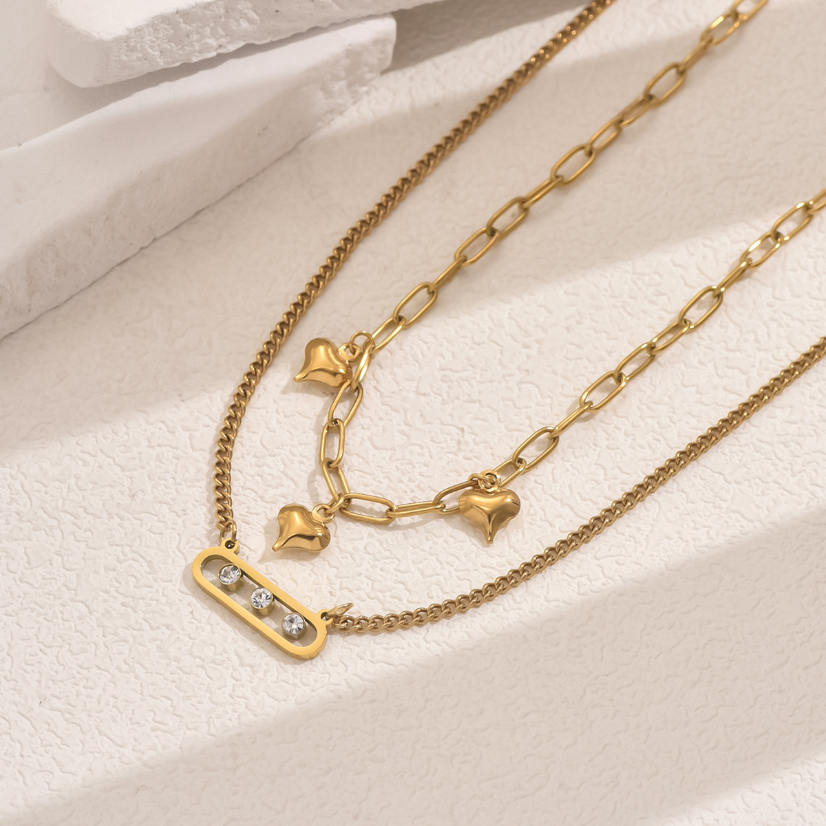 One Stainless Steel Heart Geometric Rhinestone-Encrusted Temperament Twin Double Layer Clavicle Chain Suitable For Ladies Party Wear