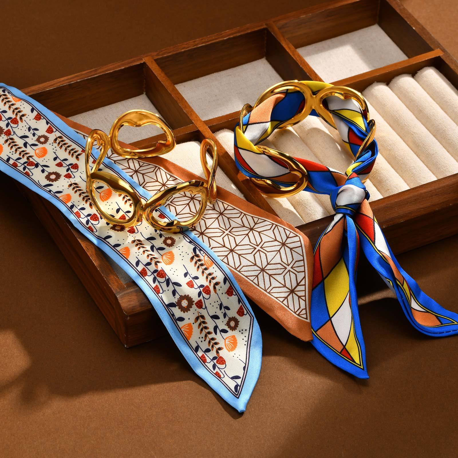 Water Plated Imitation Gold 304 Stainless Steel Vintage Bohemian Style (Floral Print) Open Bracelet Matching Scarf Fashion Elegant Women's Accessories