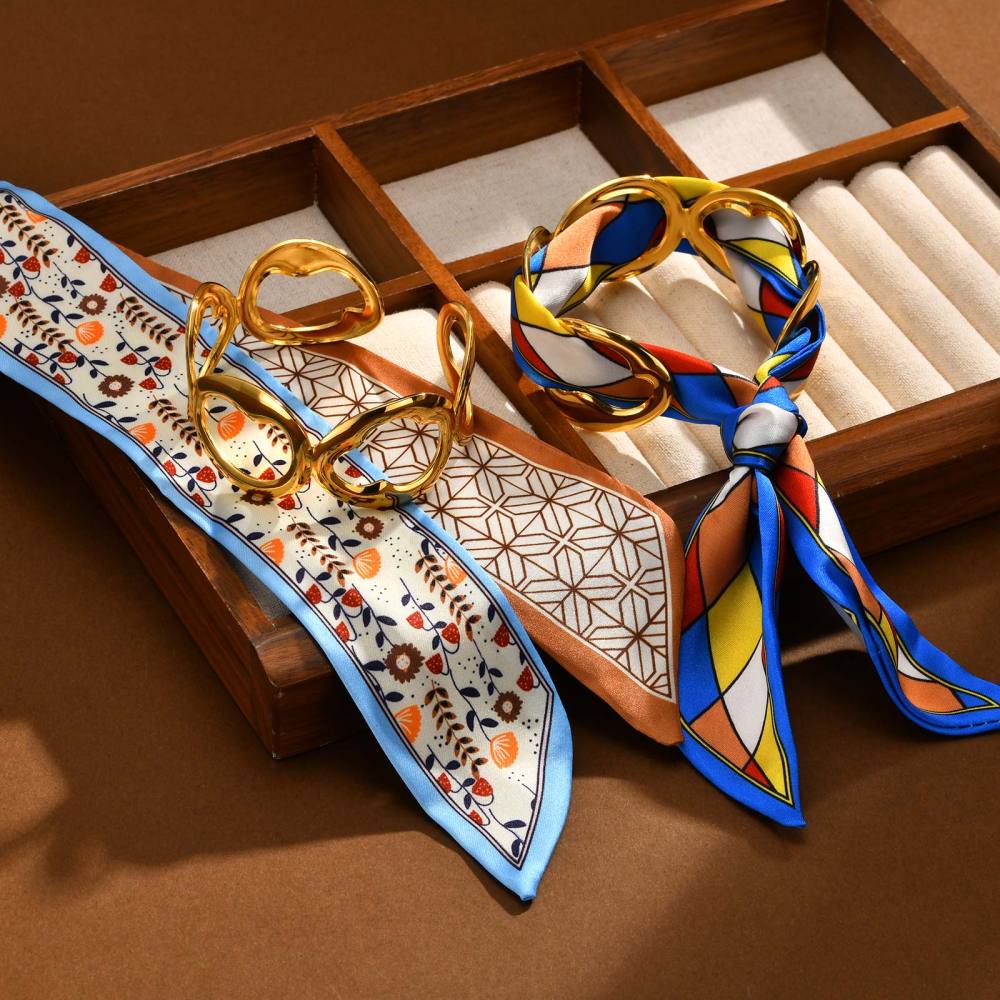 Water Plated Imitation Gold 304 Stainless Steel Vintage Bohemian Style (Floral Print) Open Bracelet Matching Scarf Fashion Elegant Women's Accessories