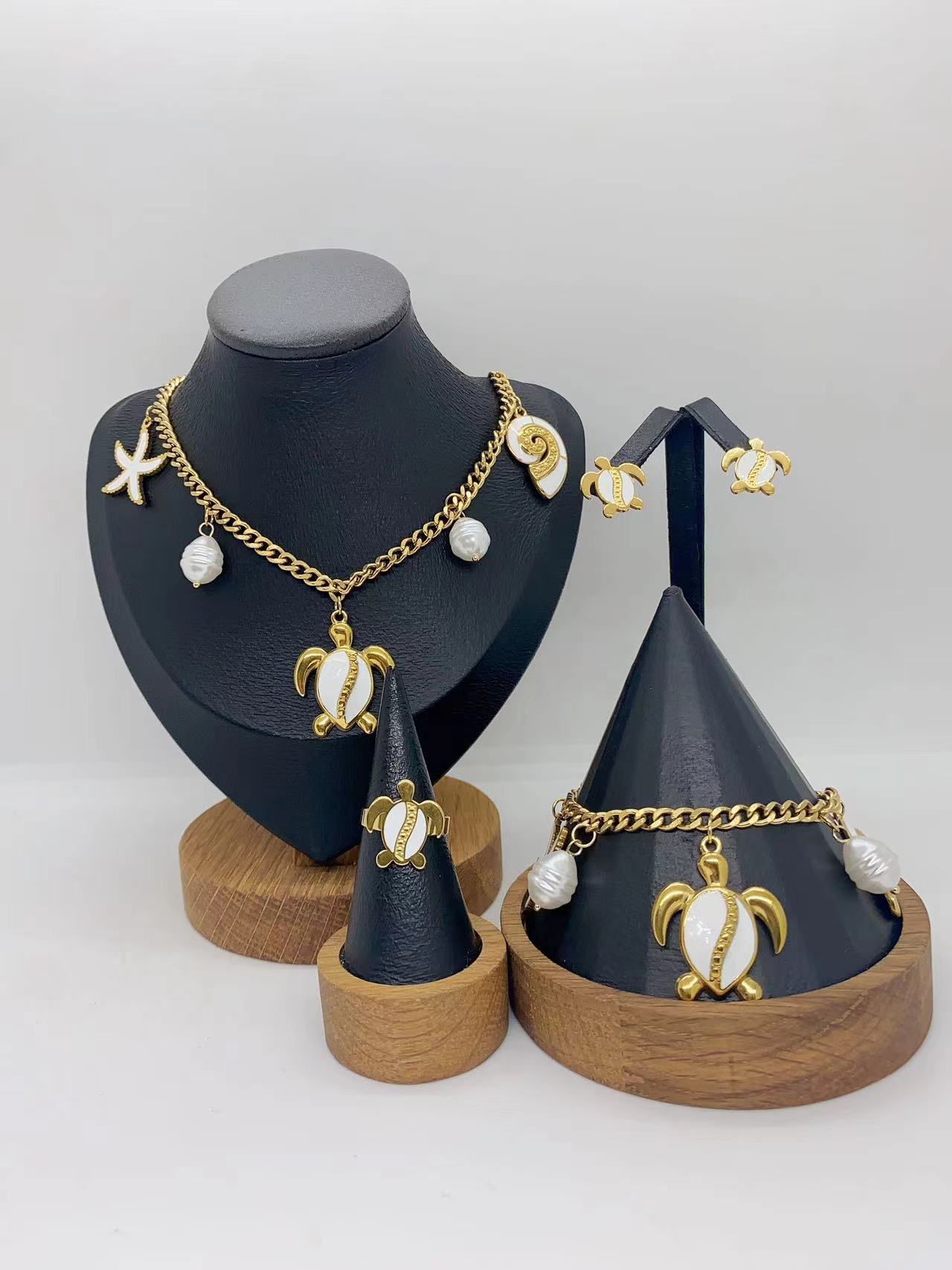 European And American Fashion Trend Ins Style Exaggerated 304 Stainless Steel Leaf Turtle Conch Starfish Necklace Earrings Ring Bracelet Set