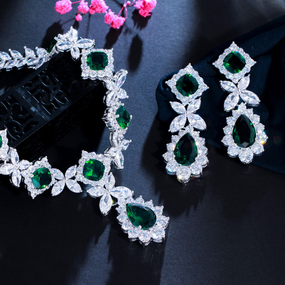 Ruili Flower Zircon Necklace And Earrings Set For Women, Emerald Gemstone Wedding Dress Jewelry Accessories, Water Plating