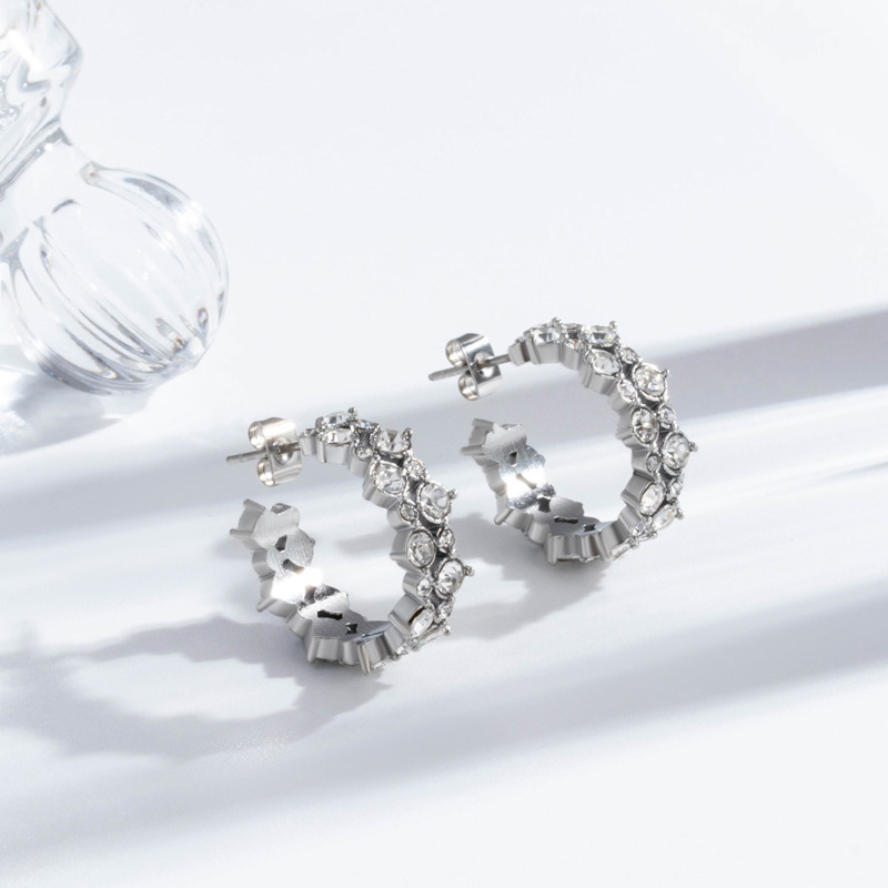 Titanium Steel C-shaped Vintage Earrings Minimalist Diamond Micro-inlaid Women's Jewelry