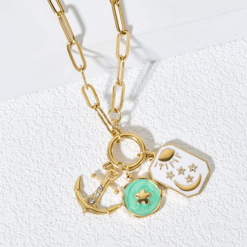 Stainless Steel Spring Buckle Necklace Star Moon Heart Pendant DIY Accessories Geometric Pattern Simple Style For Women