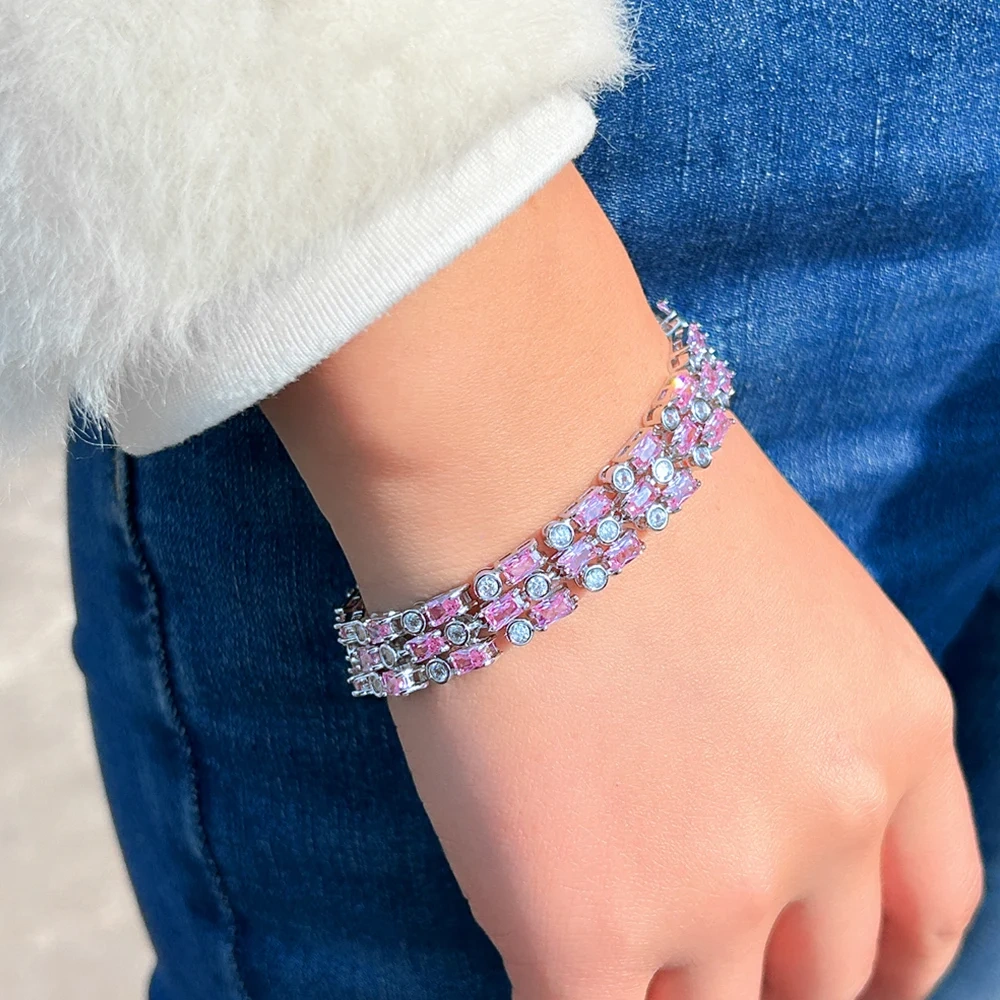 Geometric Shiny Pink Cubic Zirconia Big Wide Bracelets Bangles For Women Wedding Engagement Jewelry Accessories