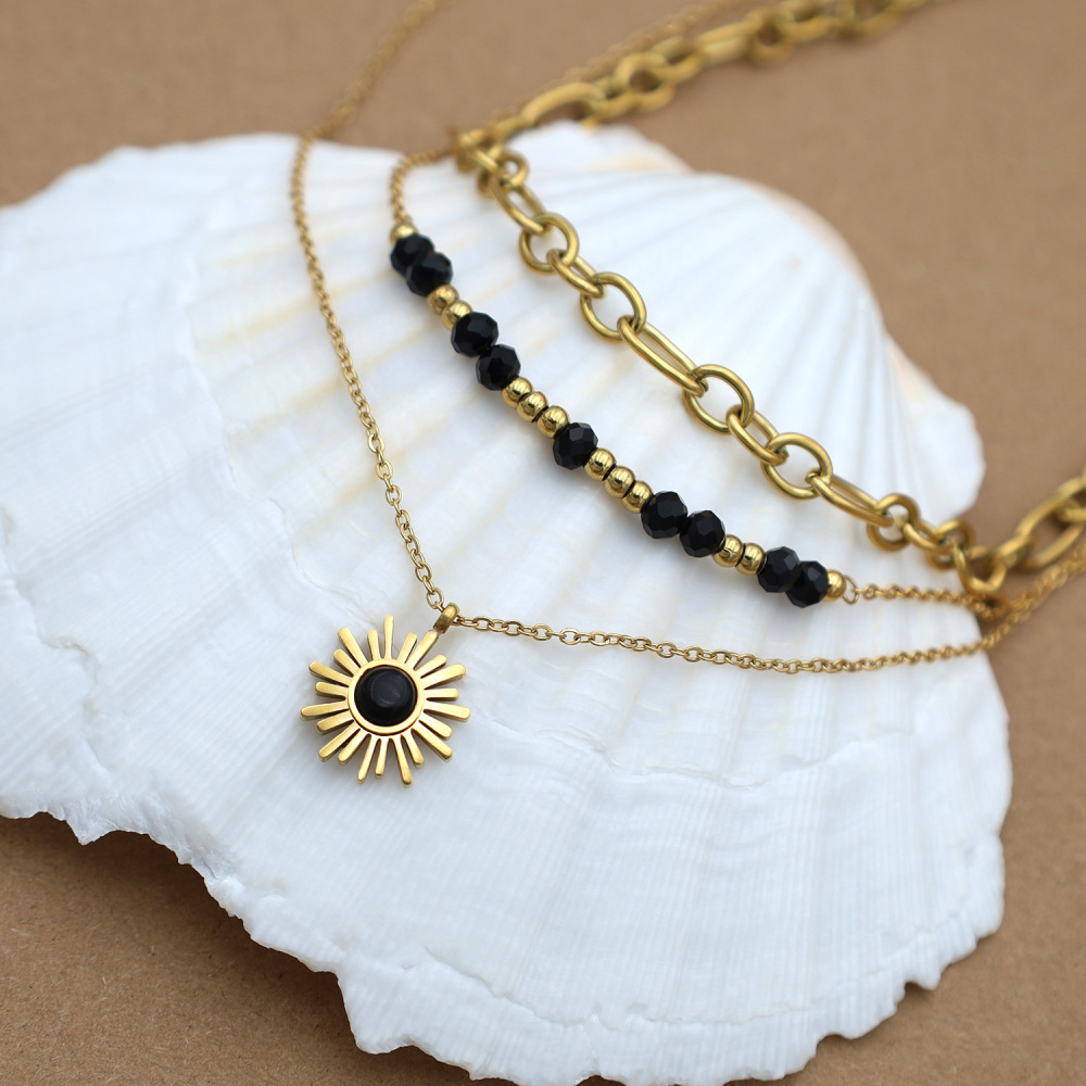 304 Stainless Steel Titanium Gold Black Sunflower Pendant Necklace Three-Layer Bead Collarbone Chain Jewelry Women's Accessories