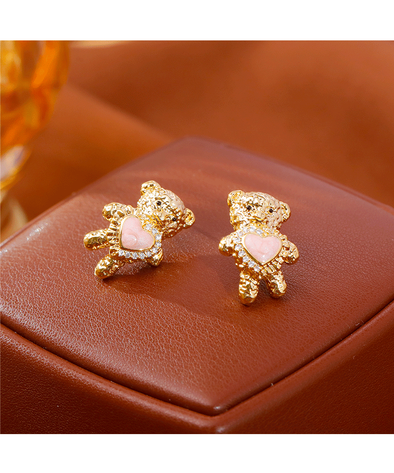 Delicate Bear Design Earrings With Zircon Heart Commuter Sweet Cute Style New Arrival Fashionable Women's Jewelry Accessories