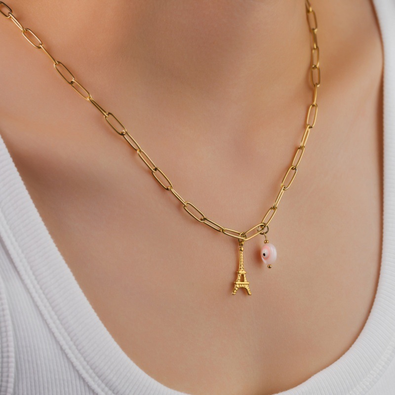 304 Stainless Steel Artificial Natural Stone Bead Necklace Fashion Layered Simple Design Titanium Steel Jewelry For Women