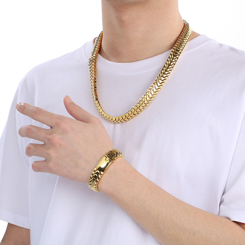 Ion Plating (IP) 18K Gold Plated Geometric 304 Stainless Steel Hip-Hop Waterproof Non Tarnish Jewelry Set