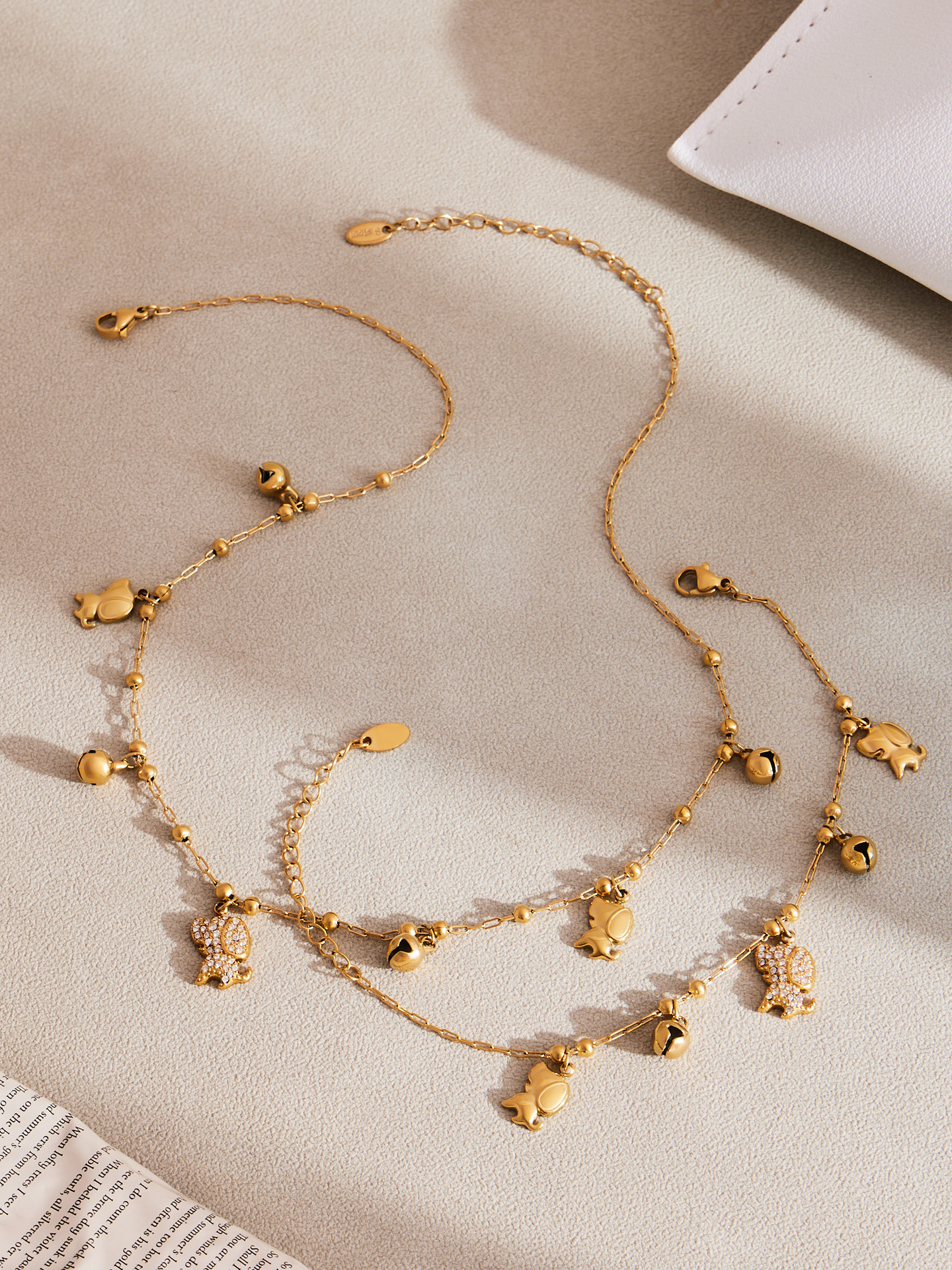 Stainless Steel 18K Gold Plated Zircon Dog Bell Shaped Bracelet Necklace Set Multi Accessories Jewelry For Women Simple Style