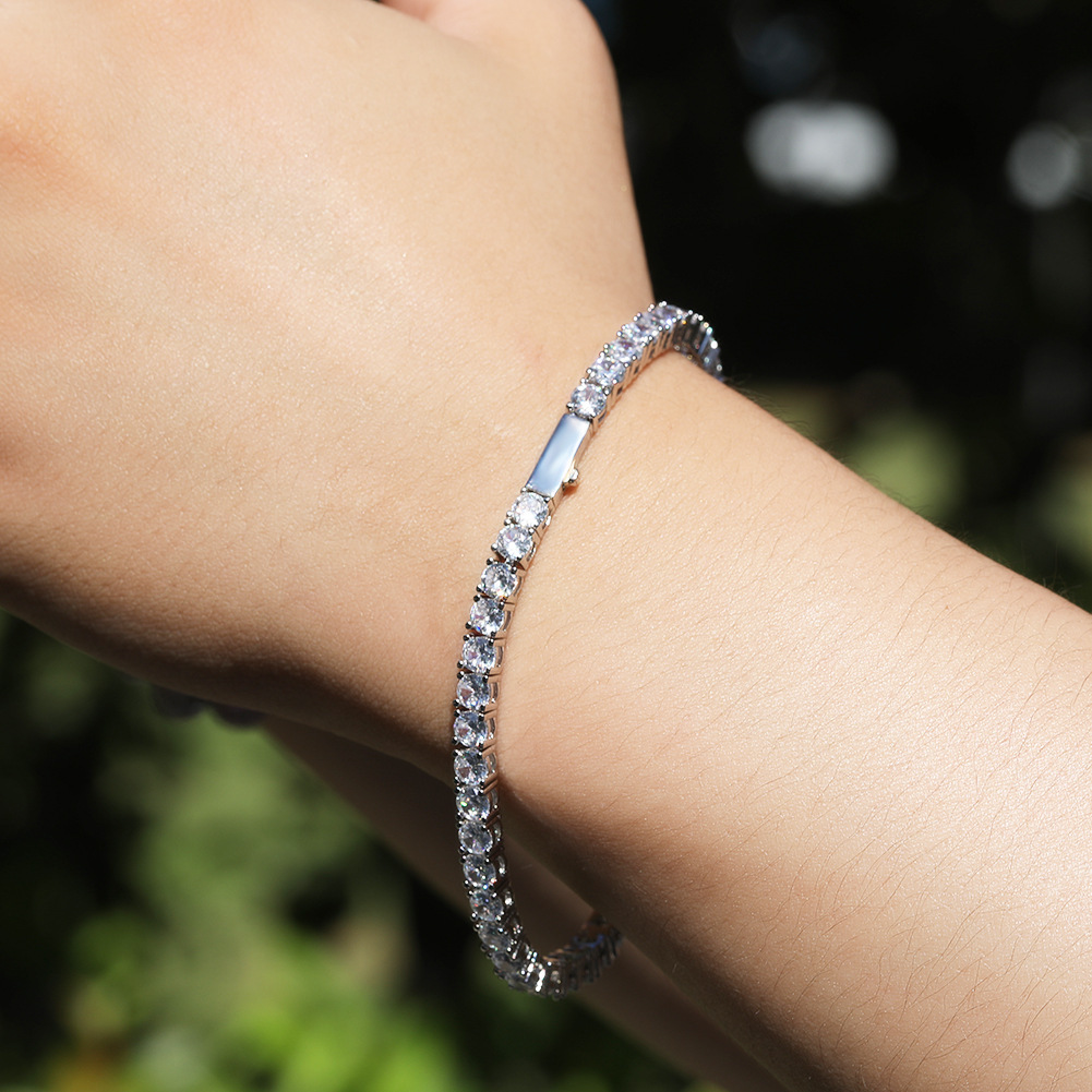 Classic Hip-Hop Single Row Bracelet 4mm Copper Inlaid Zirconia Gold-Plated Geometric Pattern Spring Clasp Fashion Simple Inlaid Diamond Bracelet Unisex