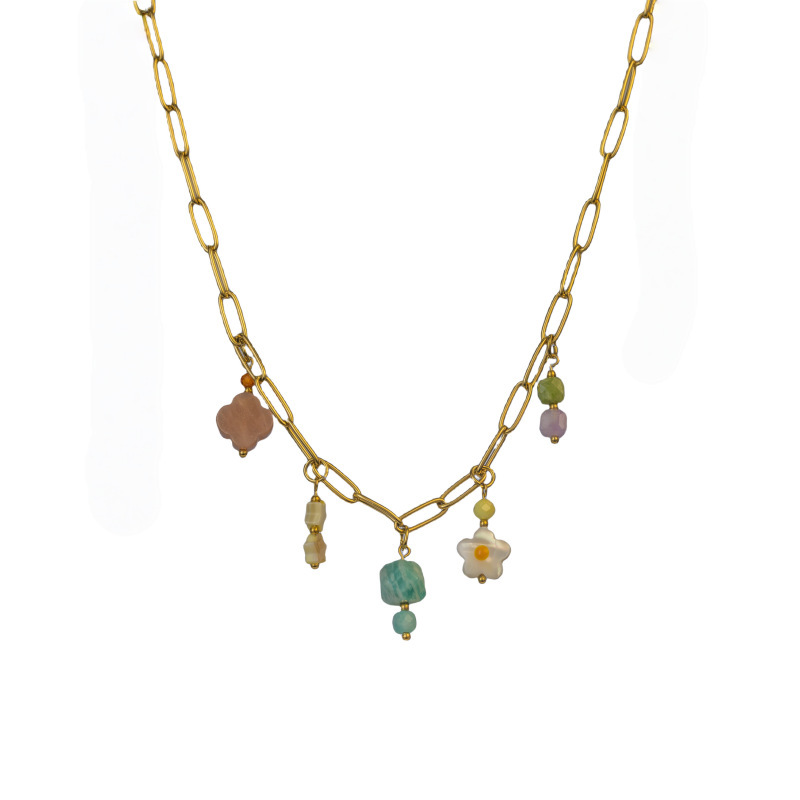 New Colorful Natural Stone Pendant Necklace Simple Fresh Female Style Stainless Steel Original Design Jewelry Accessories