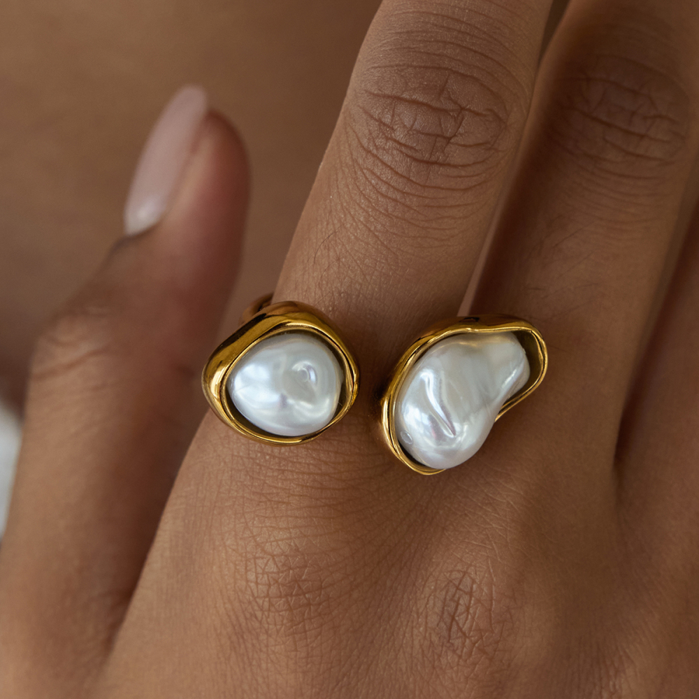 304 Stainless Steel Resin Pearl Asymmetrical PVD Coated Pearl 18K Real Gold Plated Rings