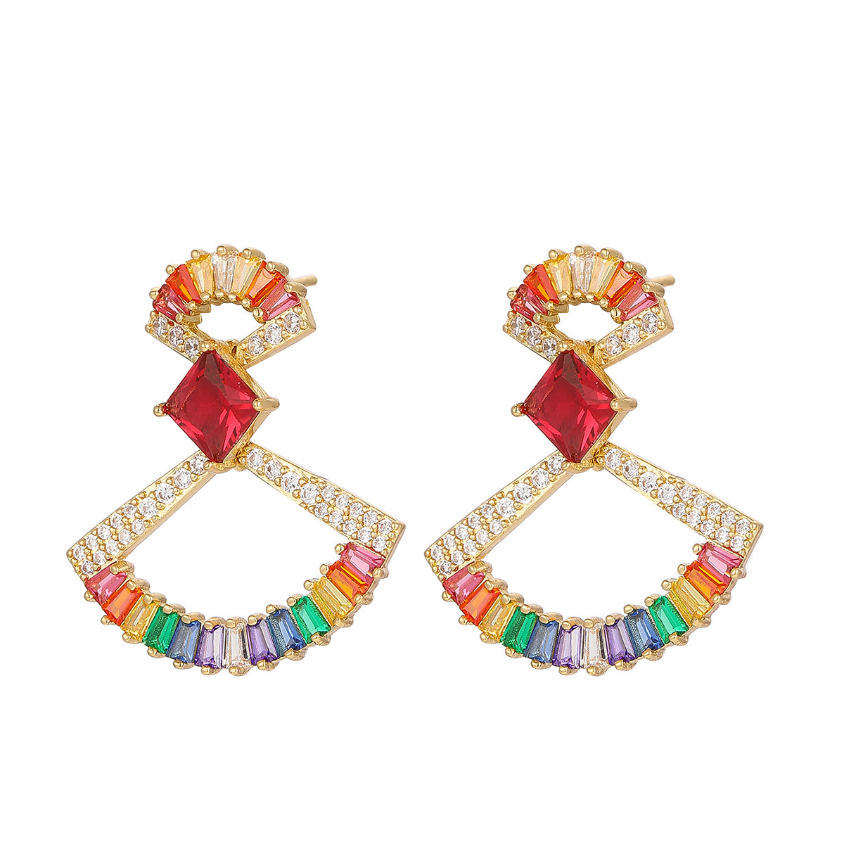 Elegant Long Colorful Zirconium Earrings For Women Geometric Pattern Copper Material Ins Style Star And Fan Shaped Plated Jewelry