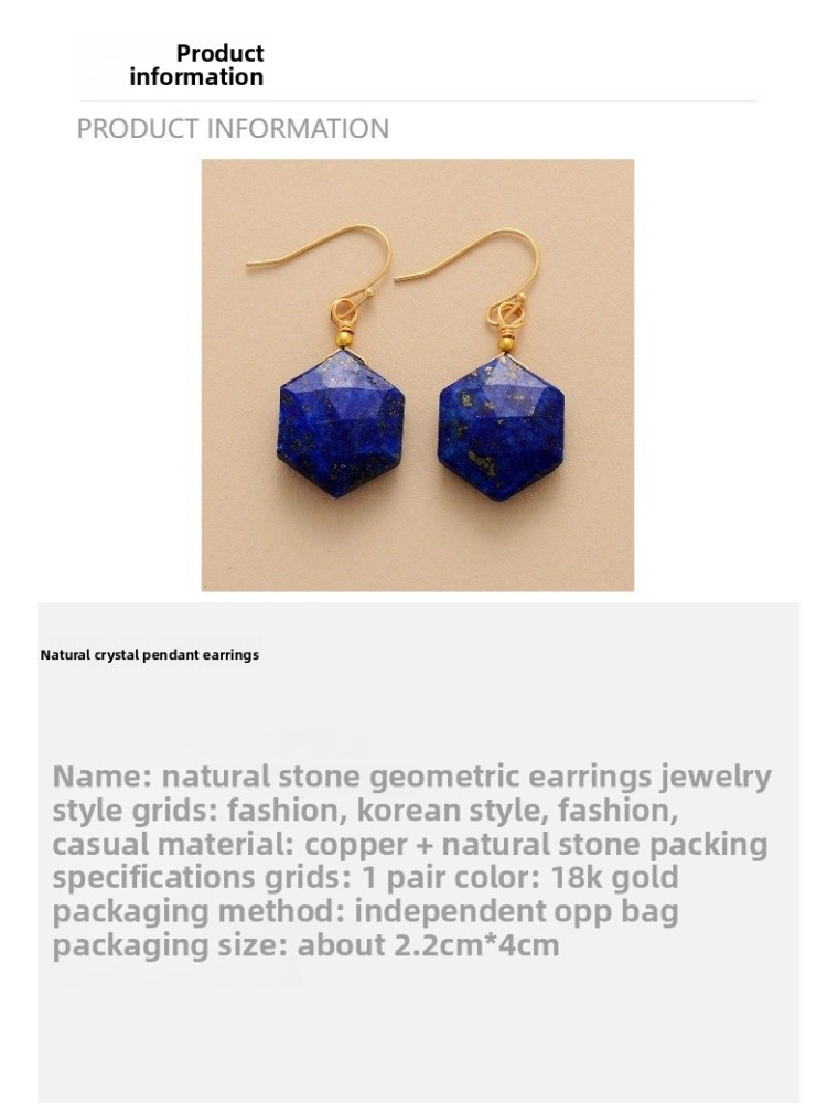 New Premium Natural Stone Amethyst Lapis Lazuli Hexagonal Pendant Earrings  Popular Crystal Jewelry Accessories