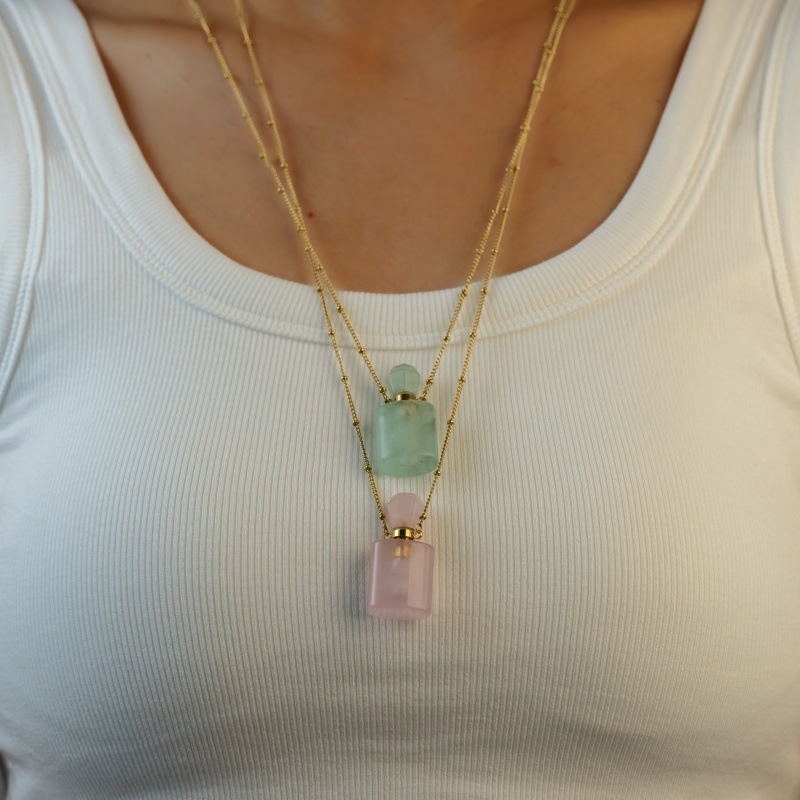 Real Gold Plated Geometric Pattern Natural Stone Pink Crystal 304 Stainless Steel Hollow Perfume Bottle Necklace Simple Design Women's Jewelry Accessories