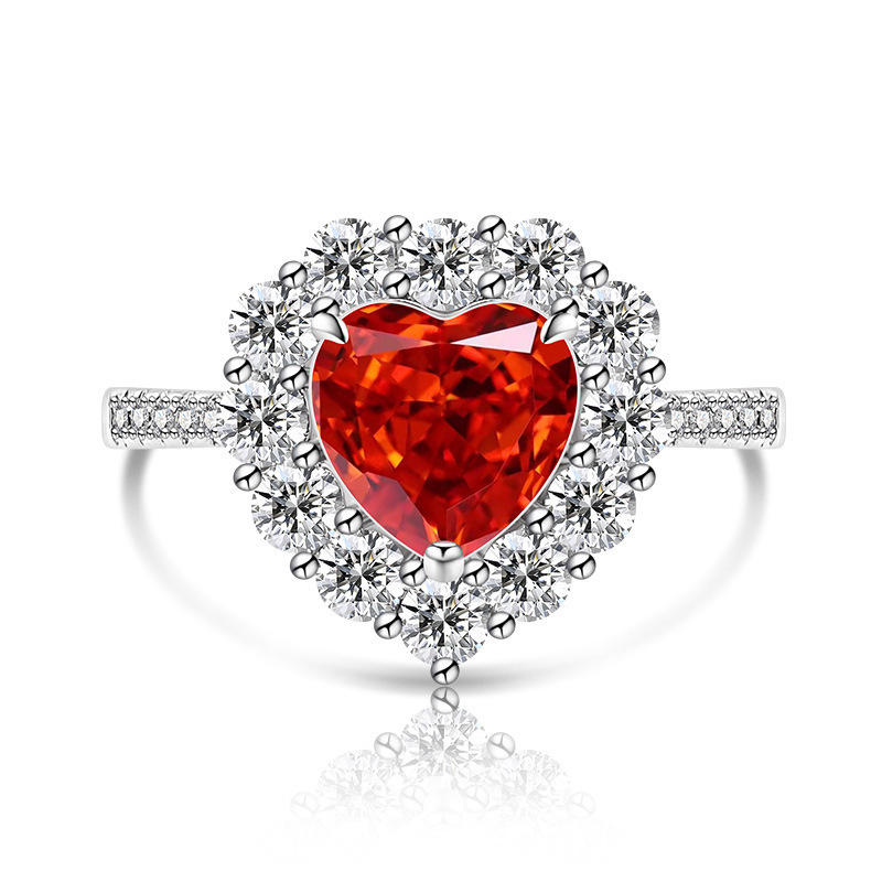 Fashion Heart-shaped Plated Platinum Ring Simple Luxurious Ice Crystal Cut Colored Gemstone High Carbon Diamond Ring Live Streaming Dropshipping