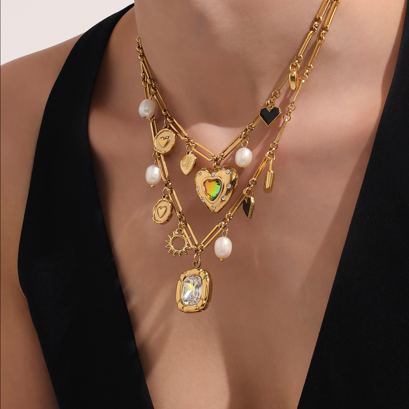 Handmade Stainless Steel Zirconia Heart Pearl Necklace 18K Gold Plated Multi-Accessories Geometric Pattern Jewelry For Women