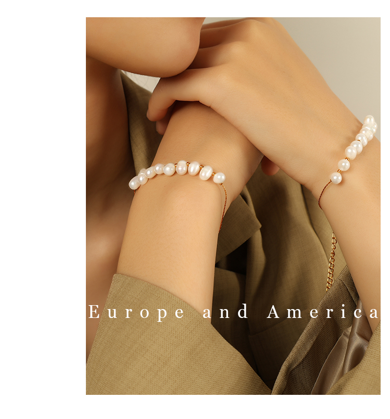 Women's 304 Stainless Steel Ion Plating (IP) 18K Gold Plated Beaded Polishing Plating Oval Freshwater Pearl Bracelets Imitation Pearl Jewelry